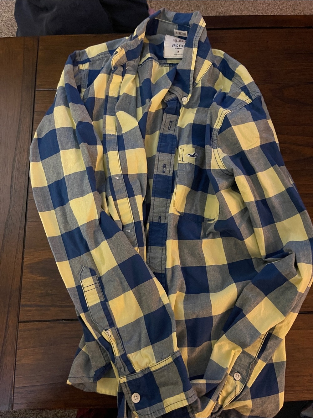 Hollister Navy and Yellow Plaid Long-Sleeve Shirt